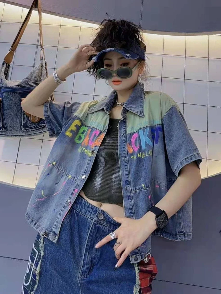 ModaFesta - korean-text-print-shirt-denim-colourblock 